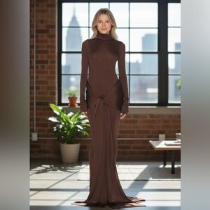 NWT HELSA Slinky Jersey Sarong Fitted Maxi Dress in Chocolate Brown Size M